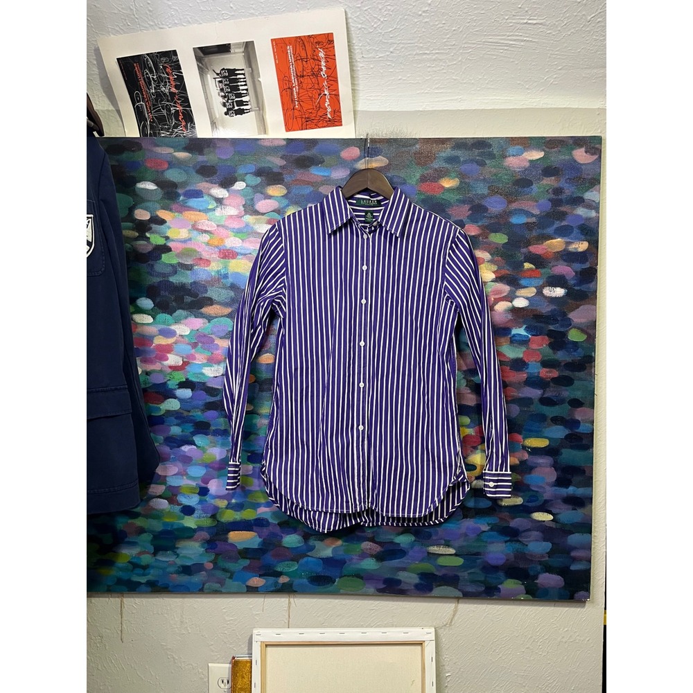 Lauren Ralph Lauren Petite Purple White Striped Cotton Button Down Shirt PS